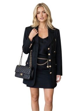 Expression TheBay Vintage 90s Black 2PC Skirt Suit Gold Buttons Chain Belt 10 12